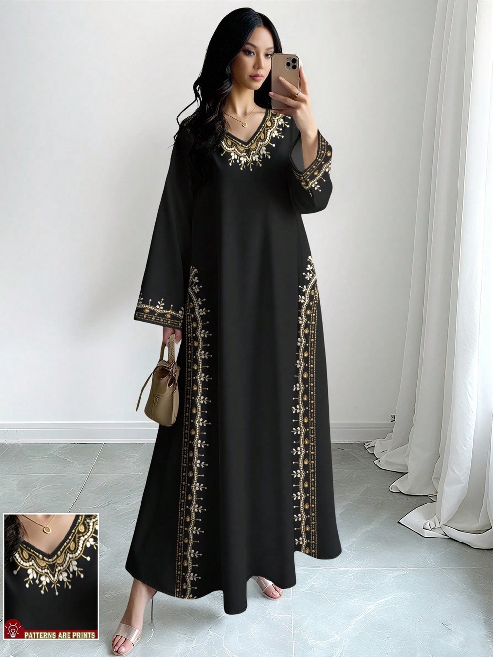 Black Long Sleeve Maxi Dress with Gold Embroidery